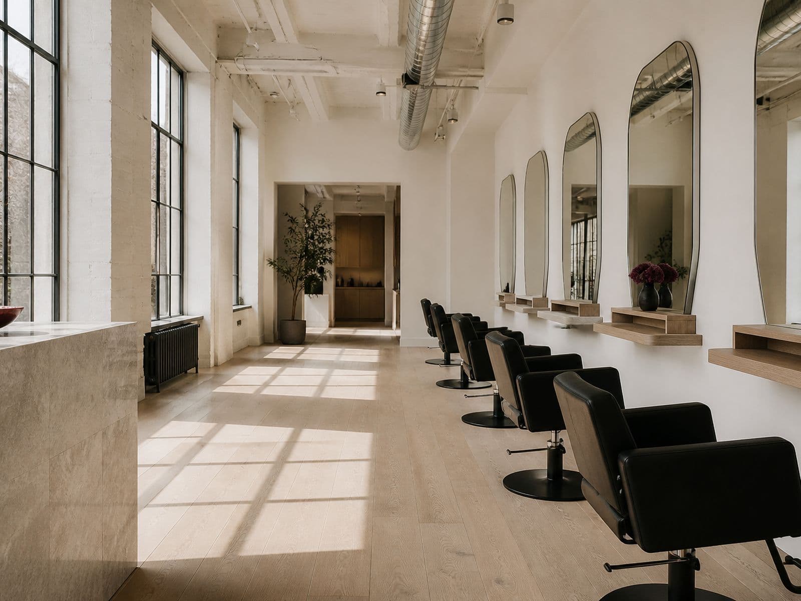 Inside the salon: a row of styling stations and mirrors in morning light