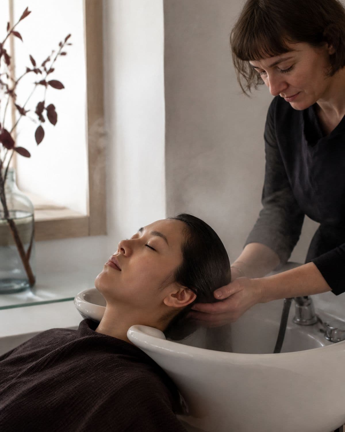 A client relaxing at the basin, eyes closed, as her hair is rinsed